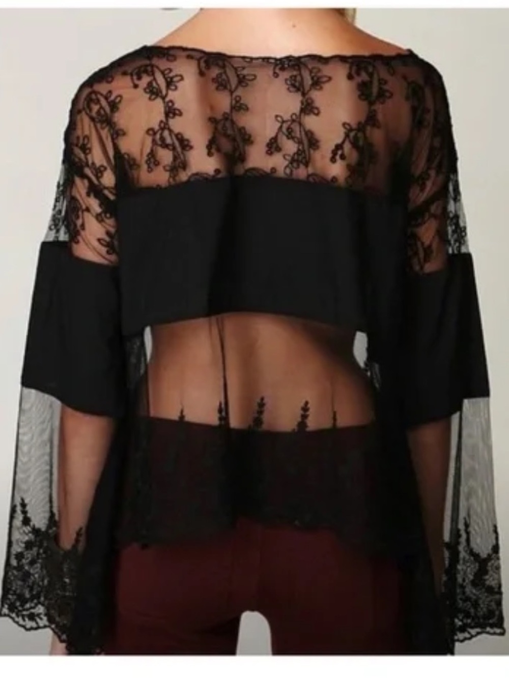 Free People Black Sheer Embroidered Lace Blouse